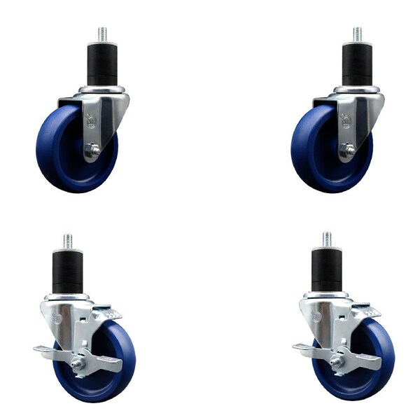 4'' Solid Poly Wheel Swivel 1-3/4'' Expanding Stem Caster Set 2 Brakes, 4PK